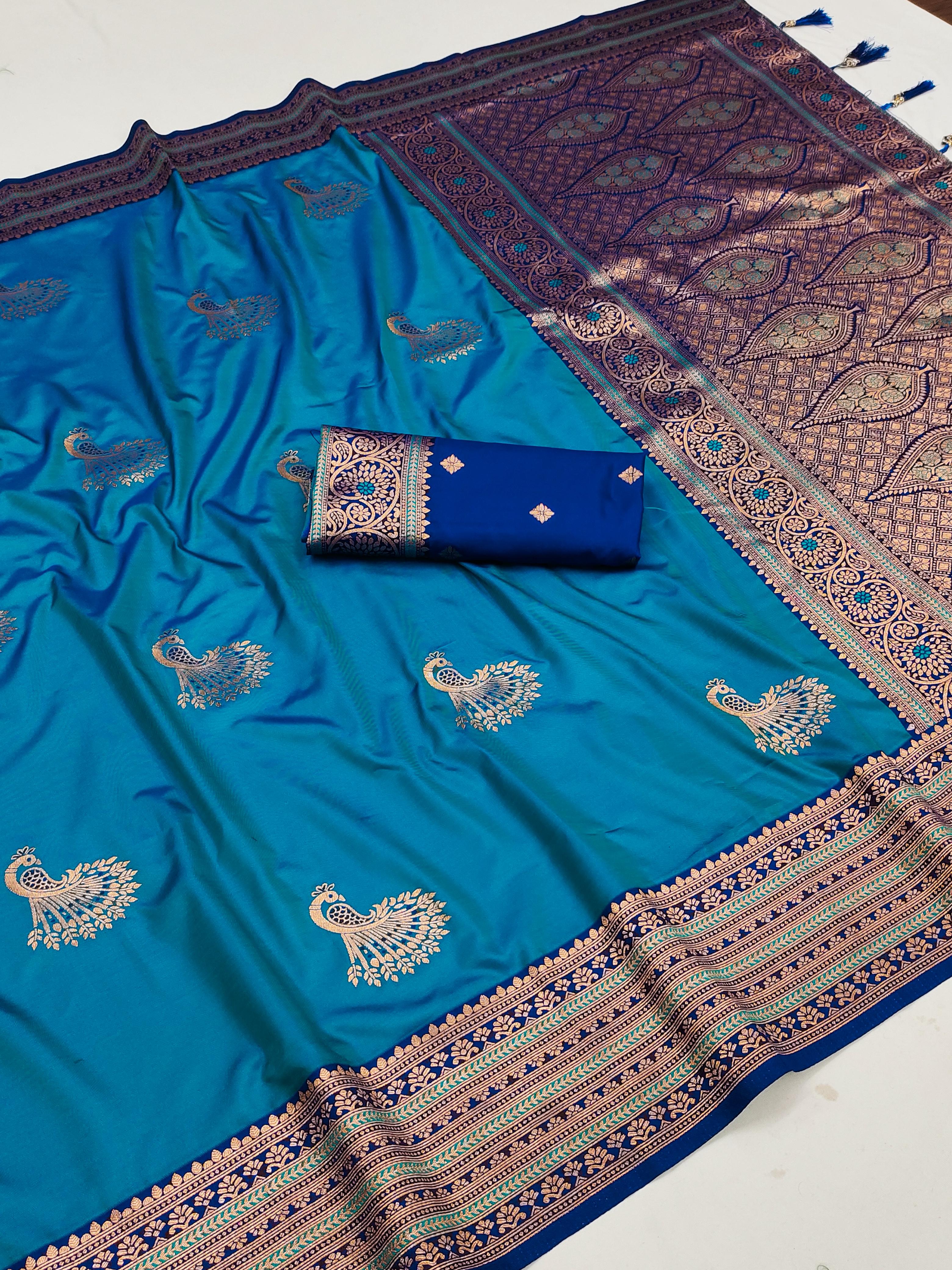 Soft Silk Zari Weaving Paithani Style Peacock hues dancing Saree.